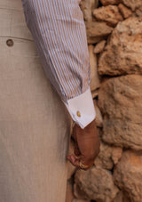 Grandad Collar Cotton Shirt - Brown Pinstripe