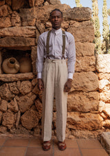 Grandad Collar Cotton Shirt - Brown Pinstripe