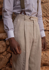 Grandad Collar Cotton Shirt - Brown Pinstripe