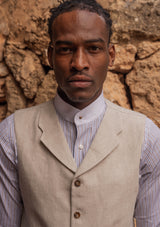 Grandad Collar Cotton Shirt - Brown Pinstripe