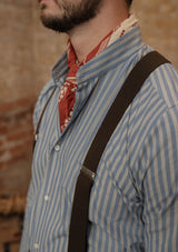 Grandad Collar Cotton Shirt - Blue & White Stripe