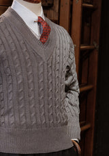 Cable Knit V-Neck Sweater - Blue Marl