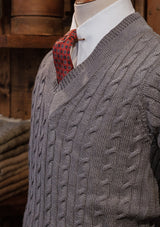 Cable Knit V-Neck Sweater - Blue Marl