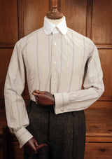 Club Collar Cotton Shirt - Clay Brown Pinstripe