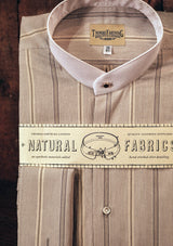 Grandad Collar Shirt in Japanese Cotton - Clay Brown Pinstripe