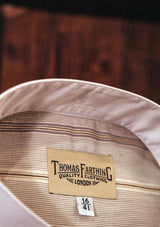 Grandad Collar Shirt in Japanese Cotton - Clay Brown Pinstripe