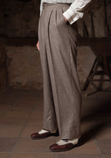 Emile Merino Wool Clark Trouser (Without Belt Loops) - Dark Brown Prince of Wales