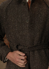 Horsley Raglan Pure Wool Belted Overcoat - Walnut & Stone Herringbone