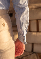 Classic Cotton Shirt With Spearpoint Collar & Blue Micro Stripe - French Double Cuff