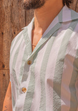 Seersucker Cotton Short Sleeve Shirt - Green & White Stripe