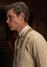 Cable Knit V-Neck Sweater - Green Clay Stripe