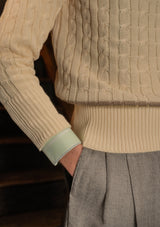 Cable Knit V-Neck Sweater - Green Clay Stripe