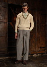 Cable Knit V-Neck Sweater - Green Clay Stripe