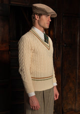 Cable Knit V-Neck Sweater - Tan Stripe