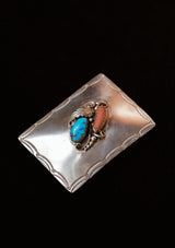 Turquoise & Coral Botanical Plaque Sterling Silver Buckle