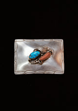 Turquoise & Coral Botanical Plaque Sterling Silver Buckle