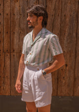 Seersucker Cotton Short Sleeve Shirt - Green & White Stripe