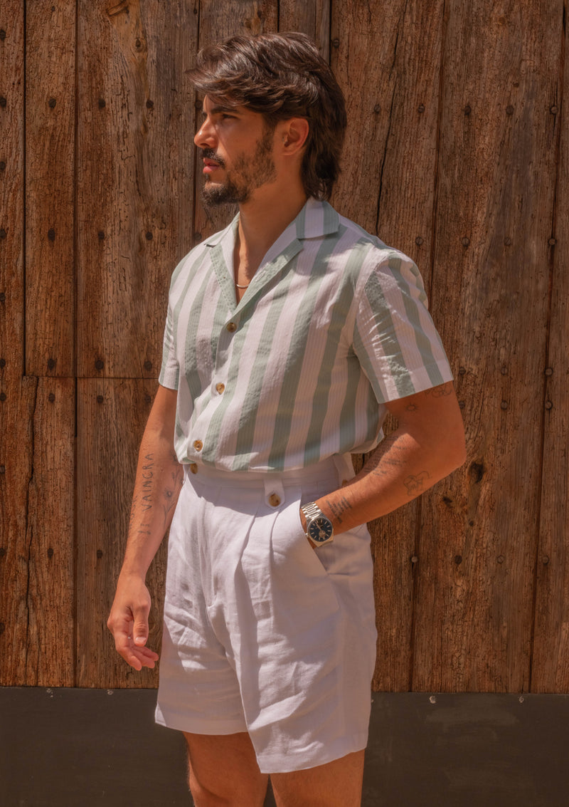 Seersucker Cotton Short Sleeve Shirt - Green & White Stripe