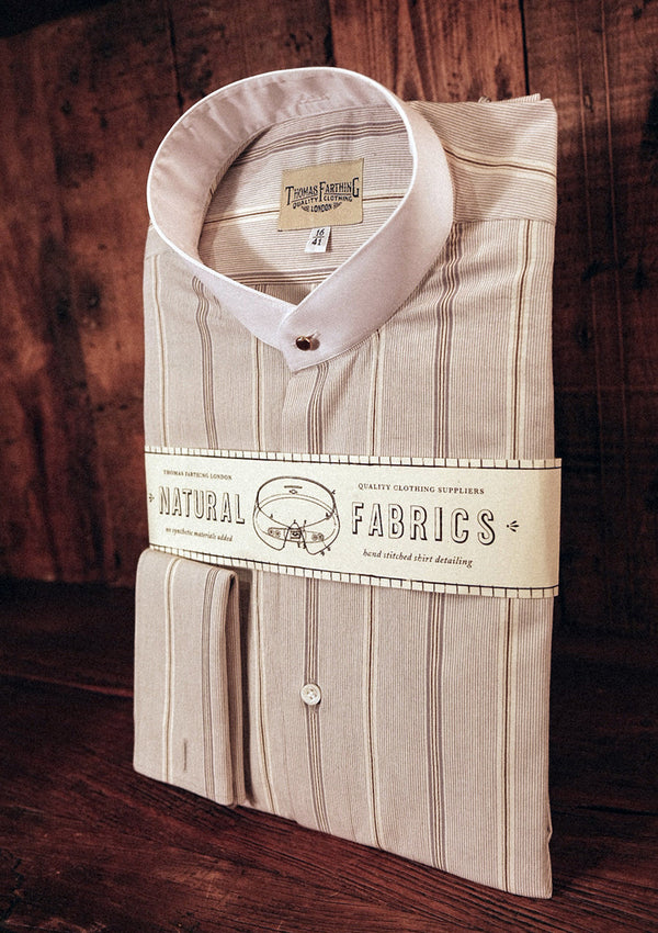Grandad Collar Shirt in Japanese Cotton - Clay Brown Pinstripe