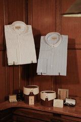 Grandad Collar Cotton Shirt - Soft Blue Pinstripe