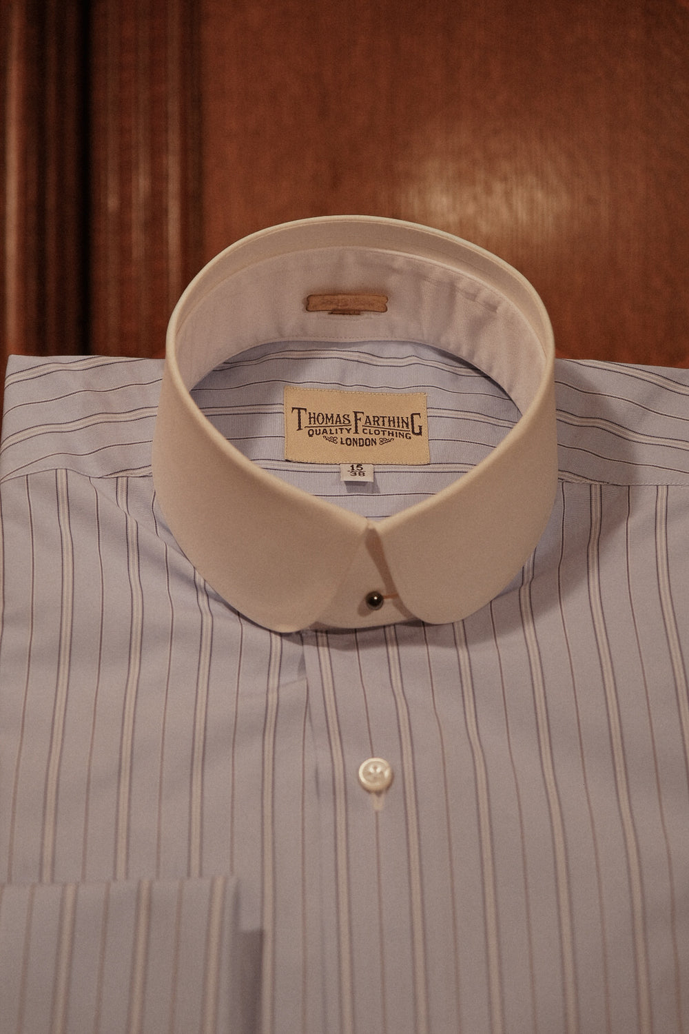 Grandad Collar Cotton Shirt - Soft Blue Pinstripe Thomas Farthing London Grandad Collar Cotton Shirt - Soft Blue Pinstripe Thomas Farthing London
