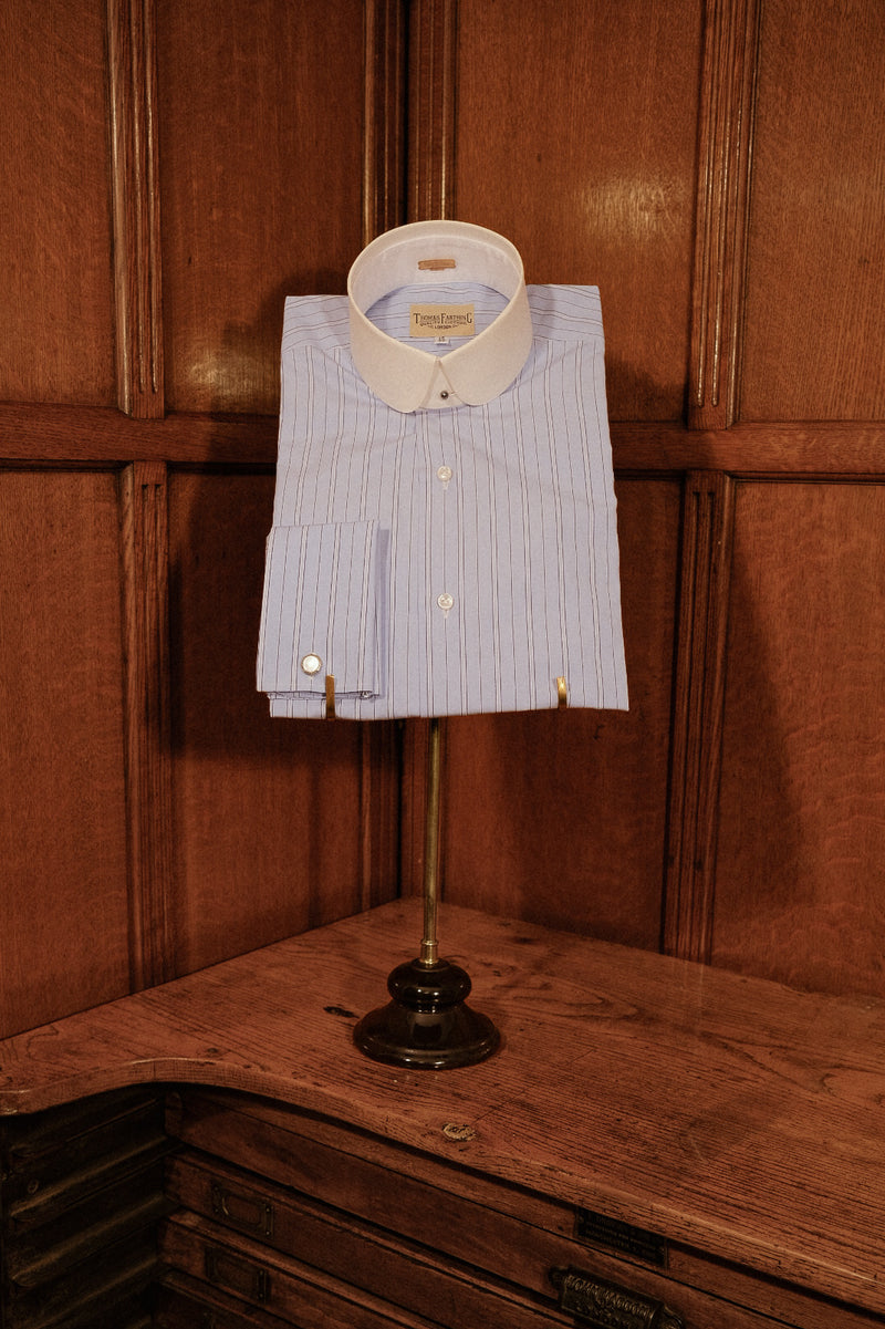 Grandad Collar Cotton Shirt - Soft Blue Pinstripe