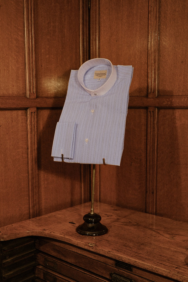 Grandad Collar Cotton Shirt - Soft Blue Pinstripe