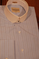 Grandad Collar Cotton Shirt - Soft Blue Pinstripe