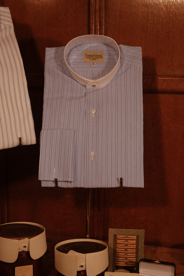 Grandad Collar Cotton Shirt - Soft Blue Pinstripe