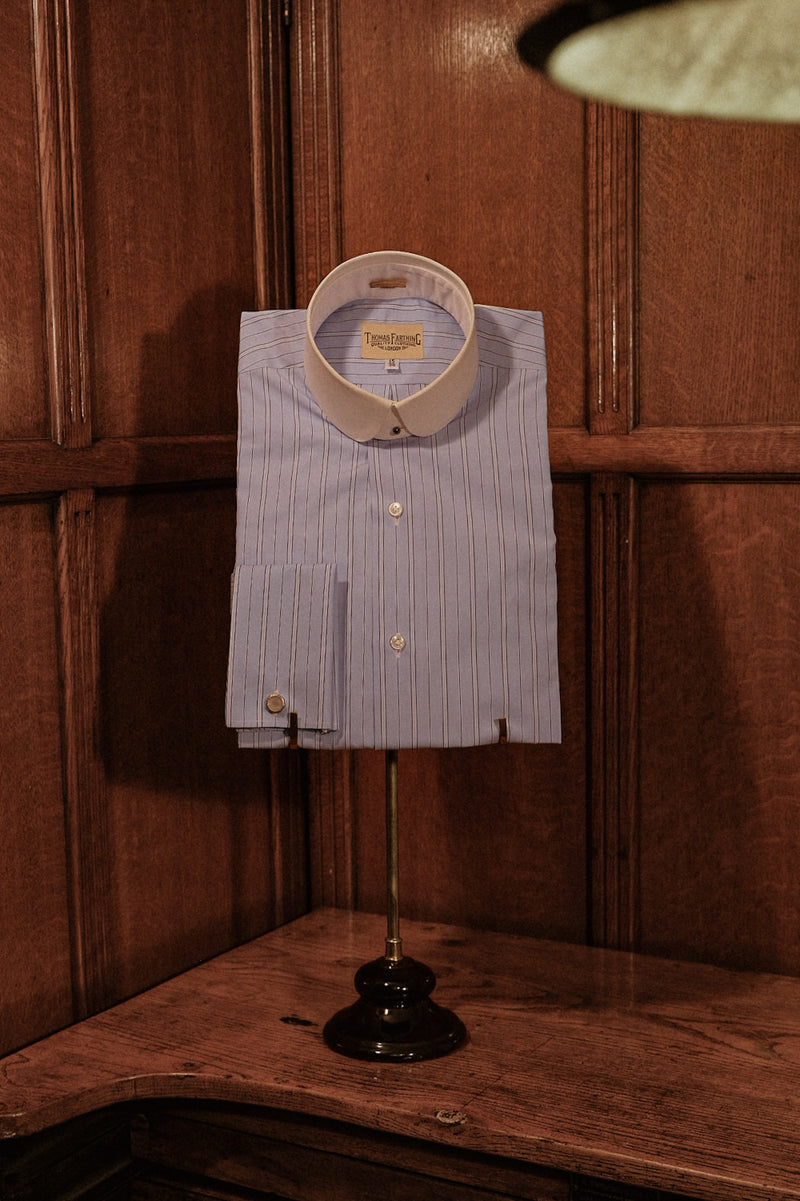 Grandad Collar Cotton Shirt - Soft Blue Pinstripe