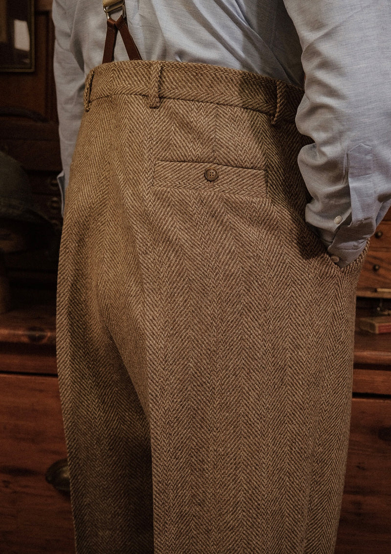 Bailey Harris Tweed Clark Trouser With Turn Ups - Wheat Herringbone