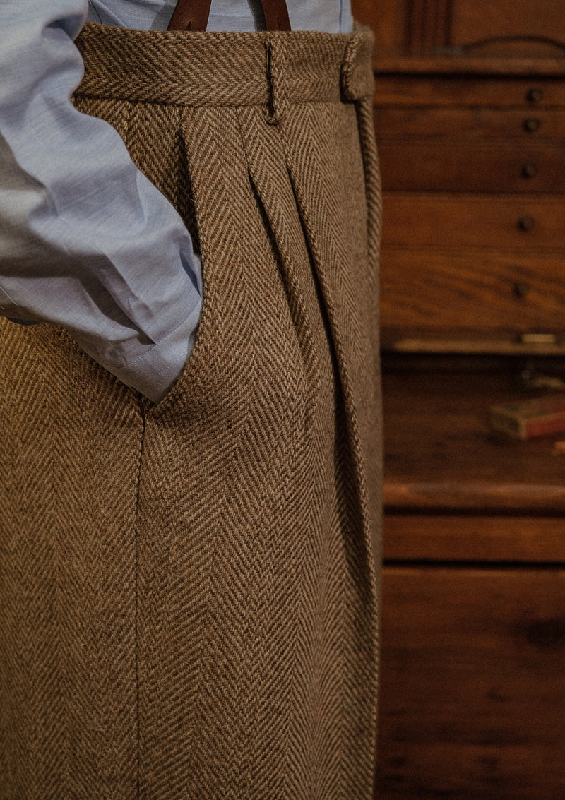 Bailey Harris Tweed Clark Trouser With Turn Ups - Wheat Herringbone