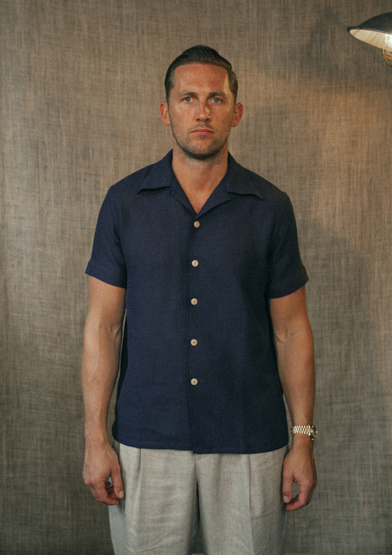 Crochet Short Sleeve Board Shirt - Navy