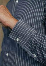 Grandad Collar Cotton Shirt - Blue Stripe