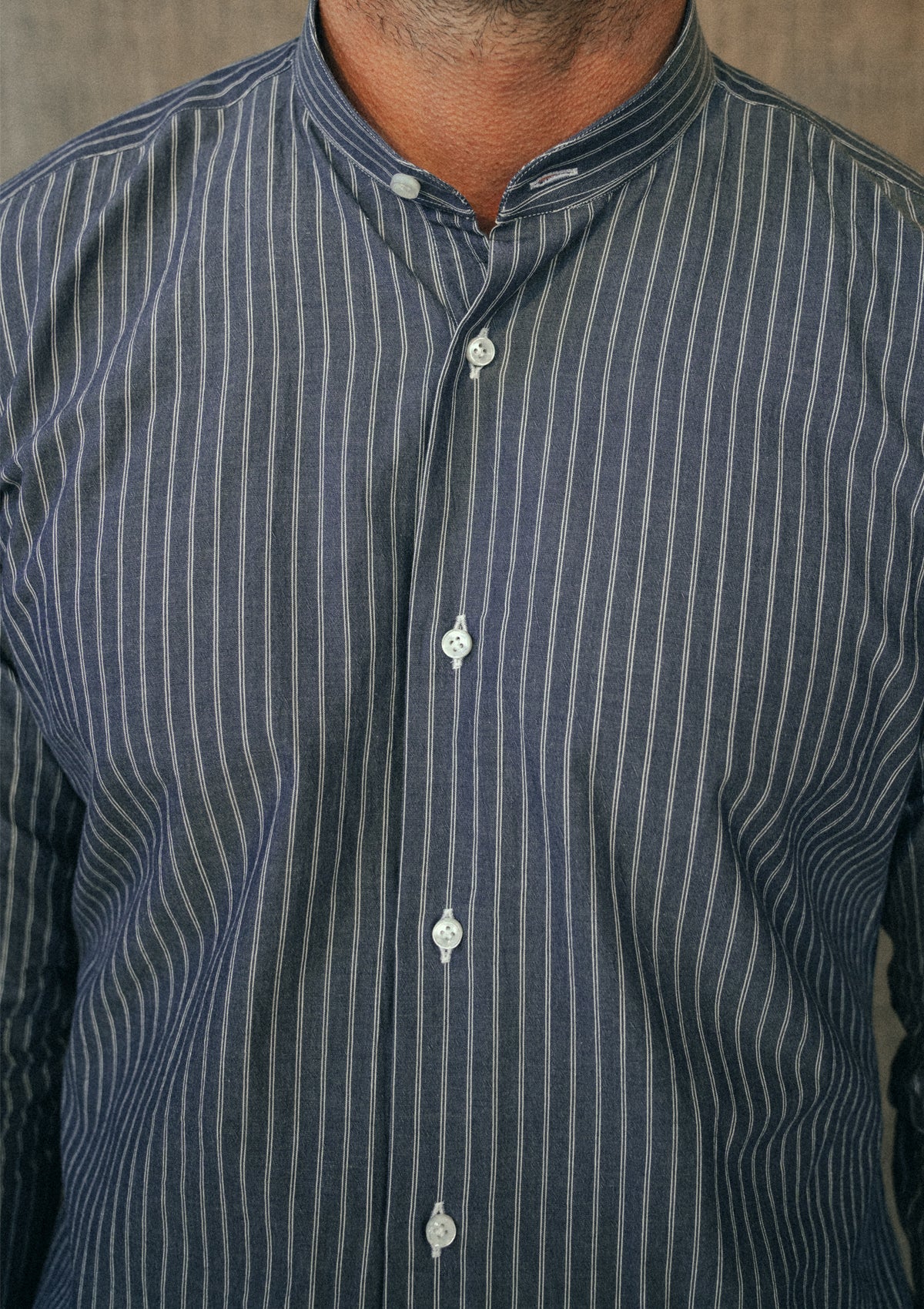 Grandad Collar Cotton Shirt - Blue Stripe – Thomas Farthing London