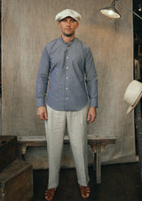 Grandad Collar Cotton Shirt - Blue Stripe