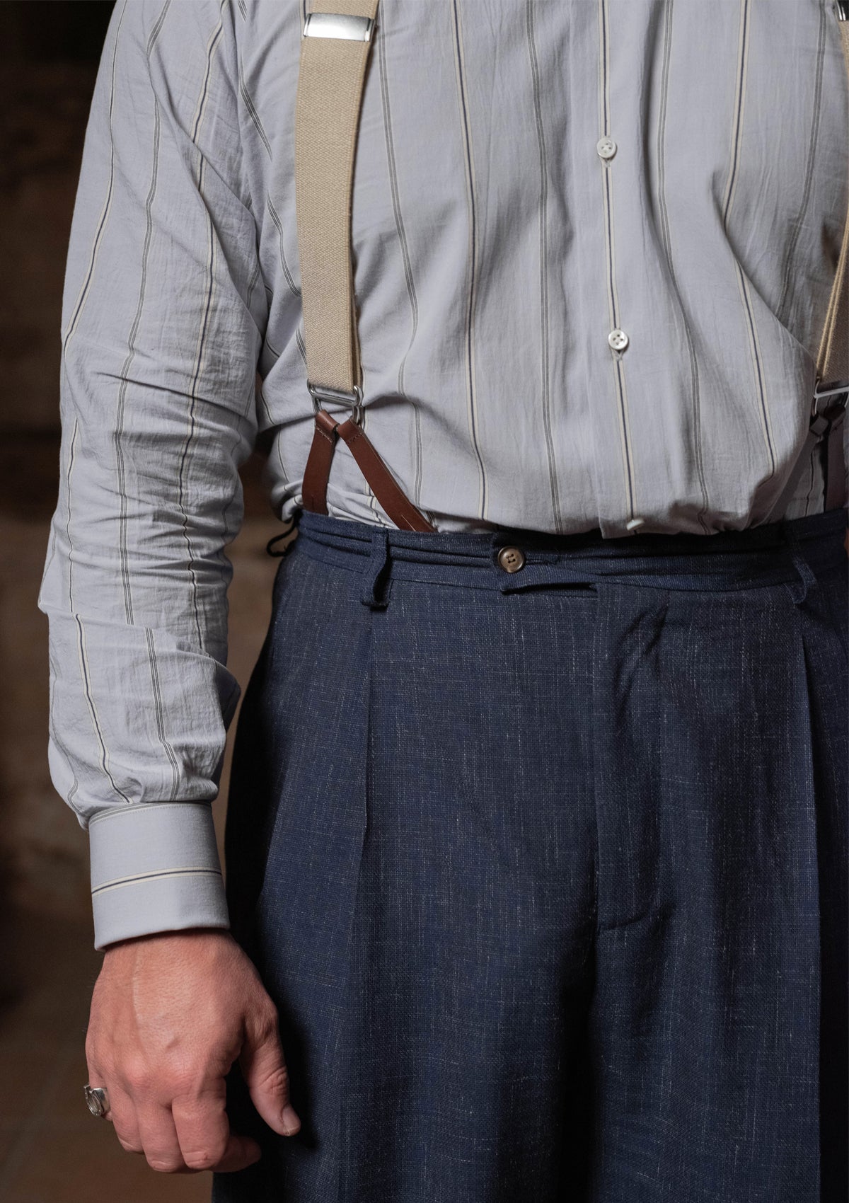 Grandad Collar Cotton Shirt - Blue Stripe