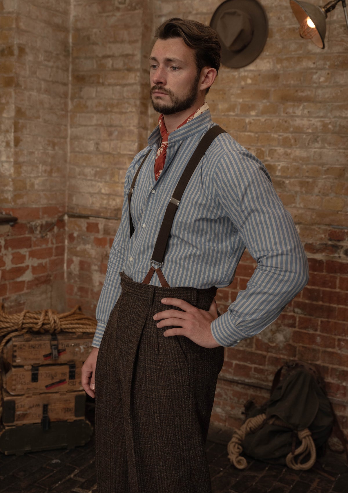 Grandad Collar Cotton Shirt - Blue & White Stripe