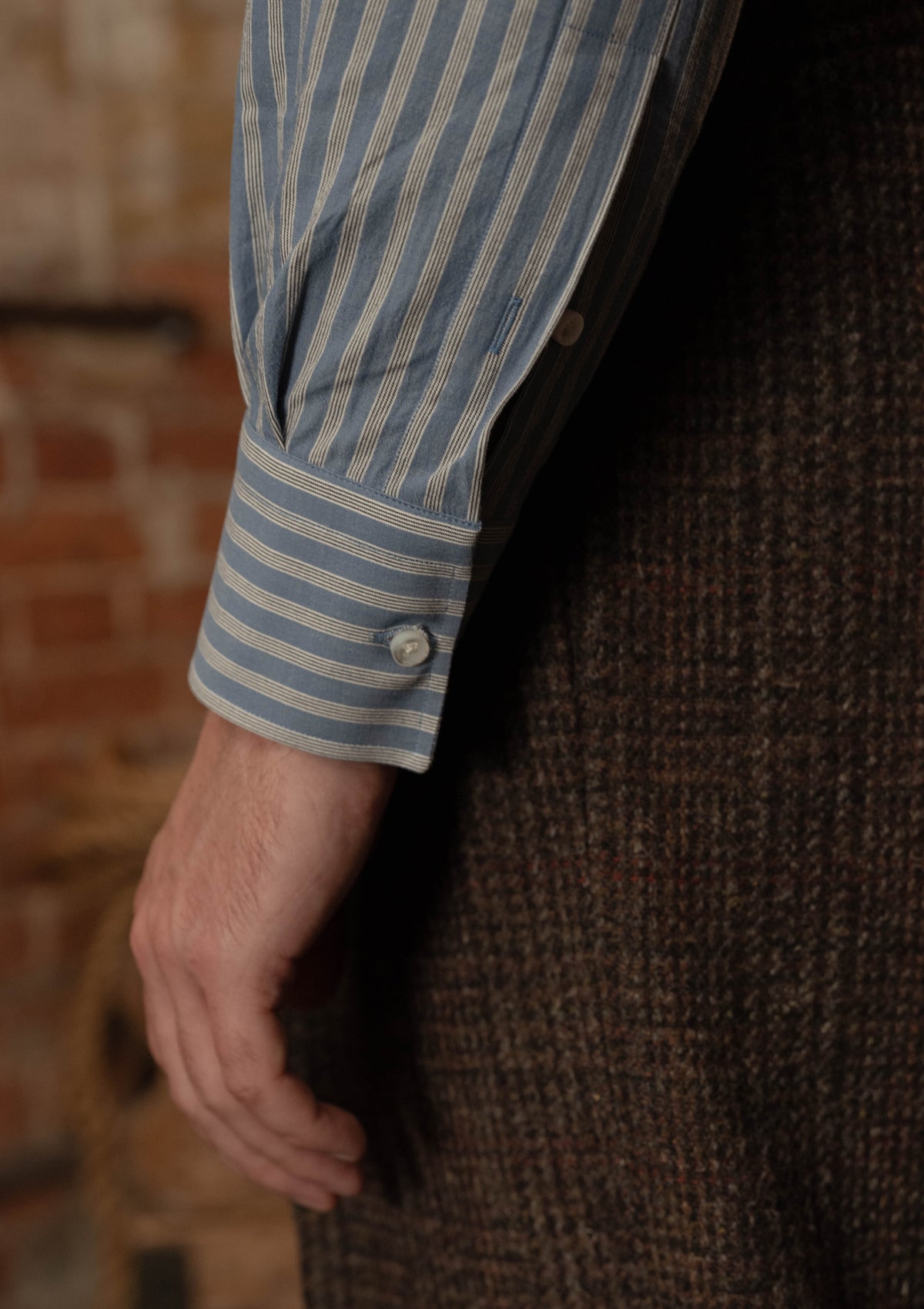 Grandad Collar Cotton Shirt - Blue & White Stripe