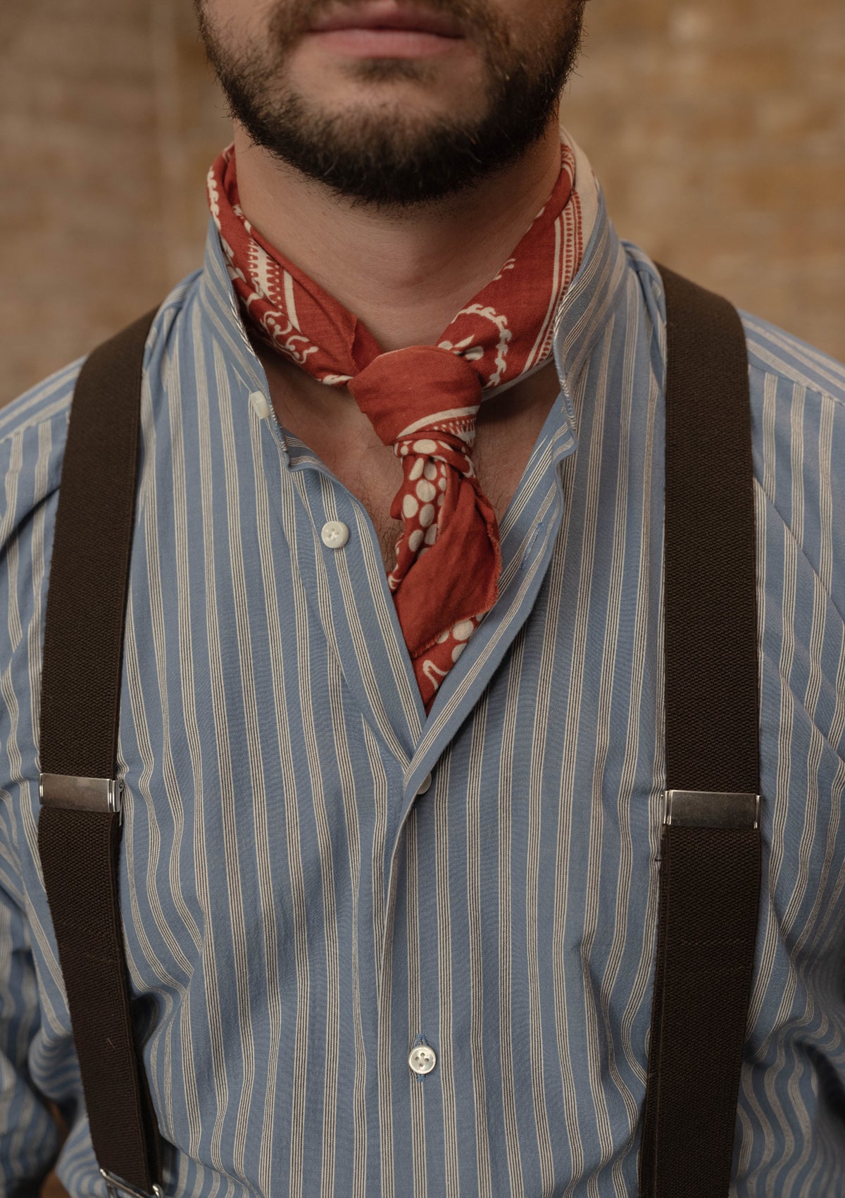 Grandad Collar Cotton Shirt - Blue & White Stripe