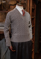 Cable Knit V-Neck Sweater -  Blue Marl