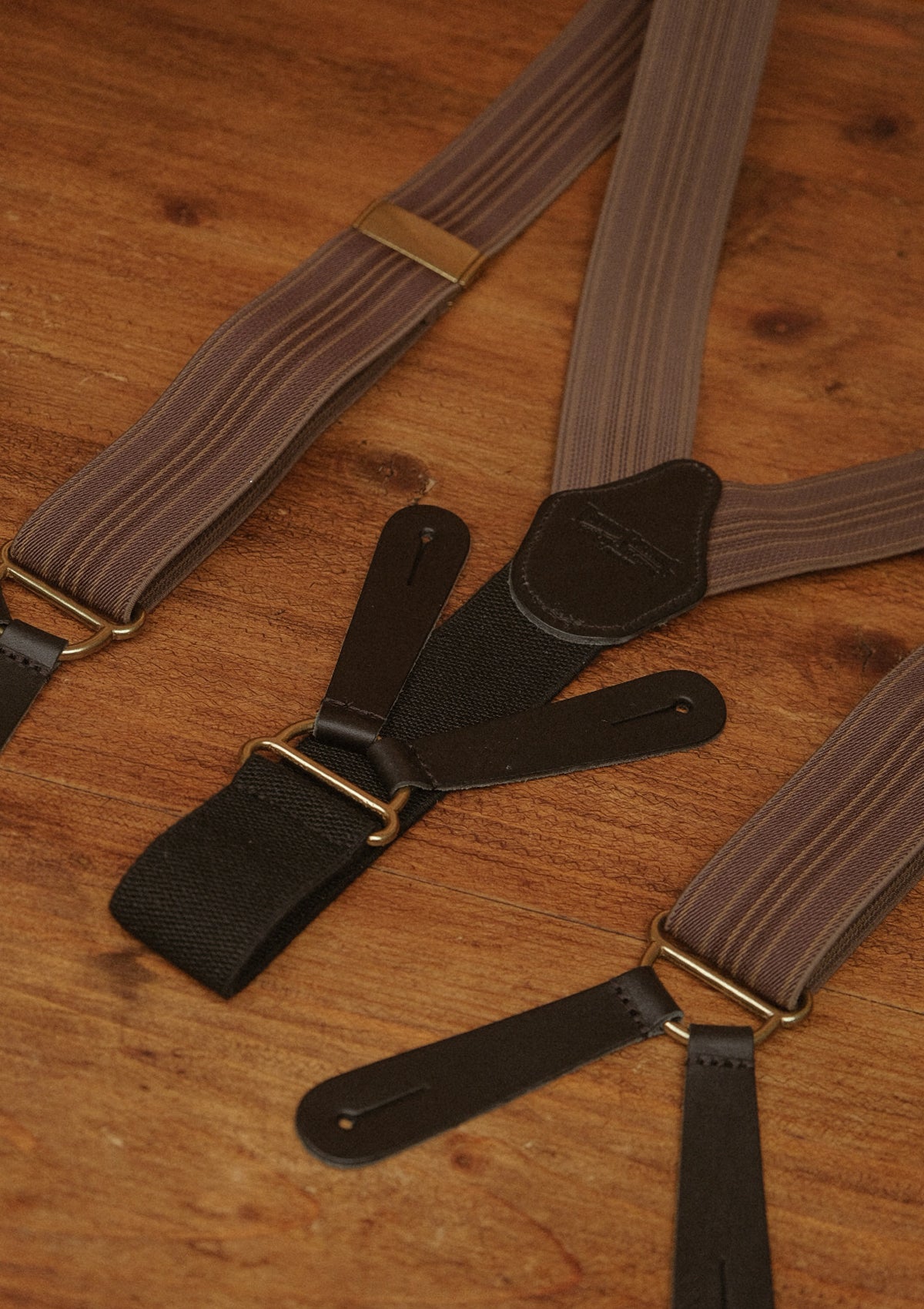 Button Braces w/ Brass Fittings - Antique Walnut w/ Denim Stripe