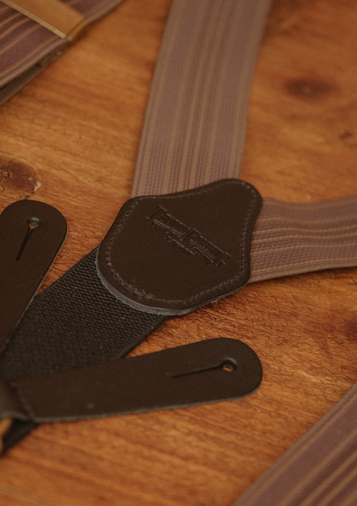 Button Braces w/ Brass Fittings - Antique Walnut w/ Denim Stripe