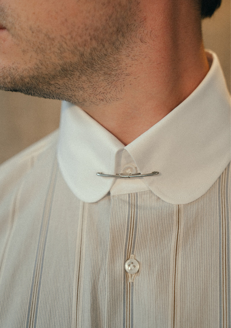 Club Collar Cotton Shirt - Clay Brown Pinstripe