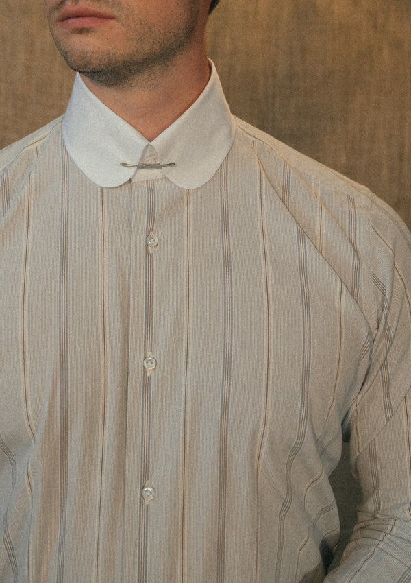 Club Collar Cotton Shirt - Clay Brown Pinstripe