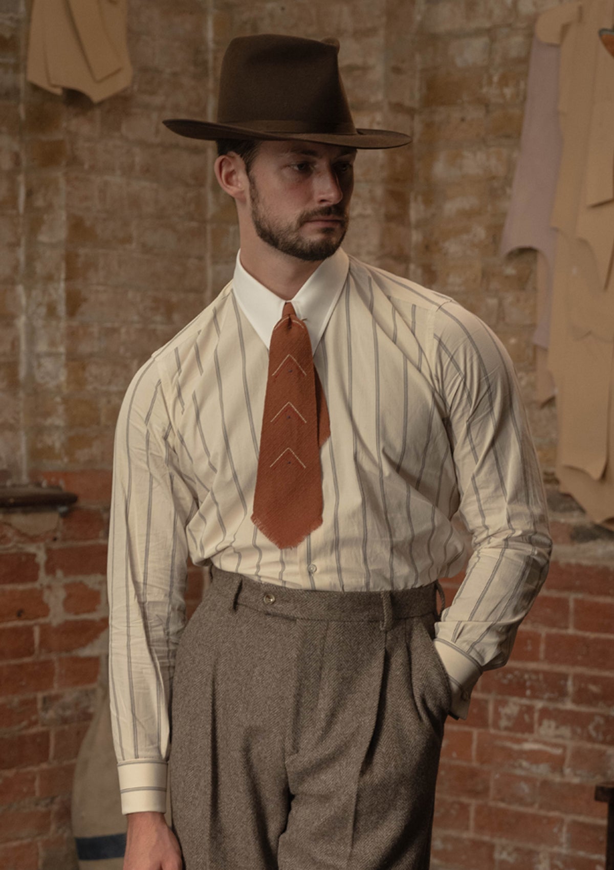 Spearpoint Japanese Cotton Shirt - Cream & Brown Pinstripe