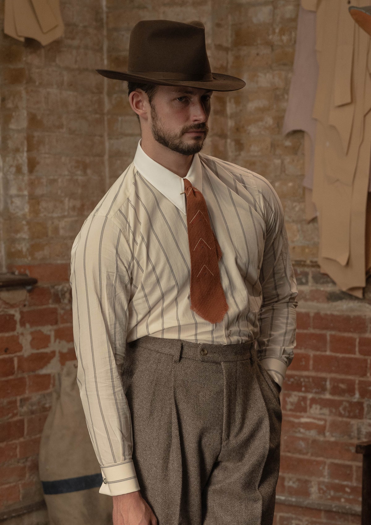 Spearpoint Japanese Cotton Shirt - Cream & Brown Pinstripe