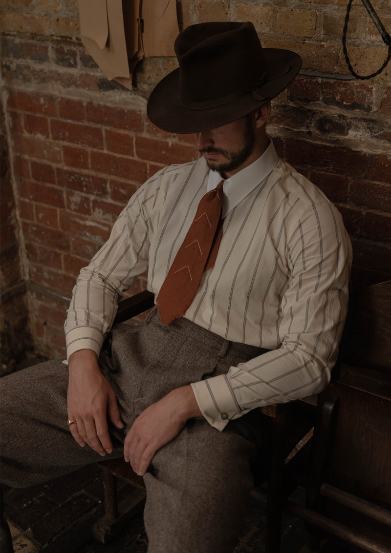 Spearpoint Japanese Cotton Shirt - Cream & Brown Pinstripe