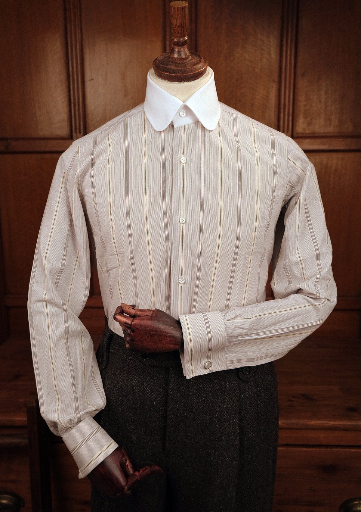 Club Collar Cotton Shirt - Clay Brown Pinstripe