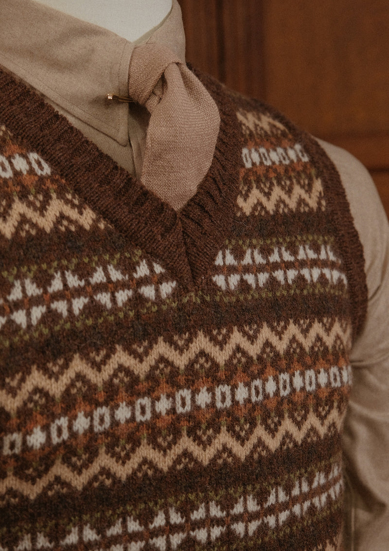 Lambert V-Neck Lambswool Fair Isle - Hickory Brown